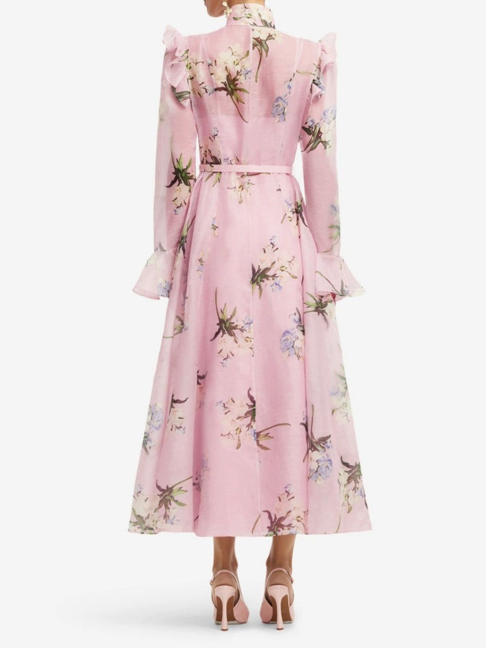 Marlee Pink Long Sleeve Floral Midi Dress - OWNCI