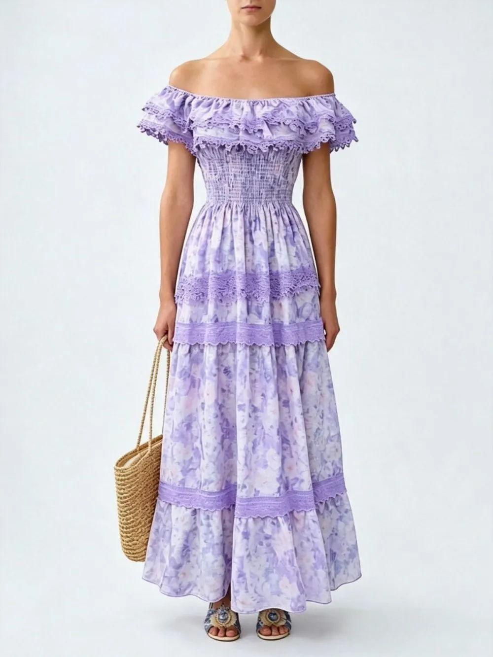 Maribel Purple Floral Off-Shoulder Maxi Dress - OWNCI