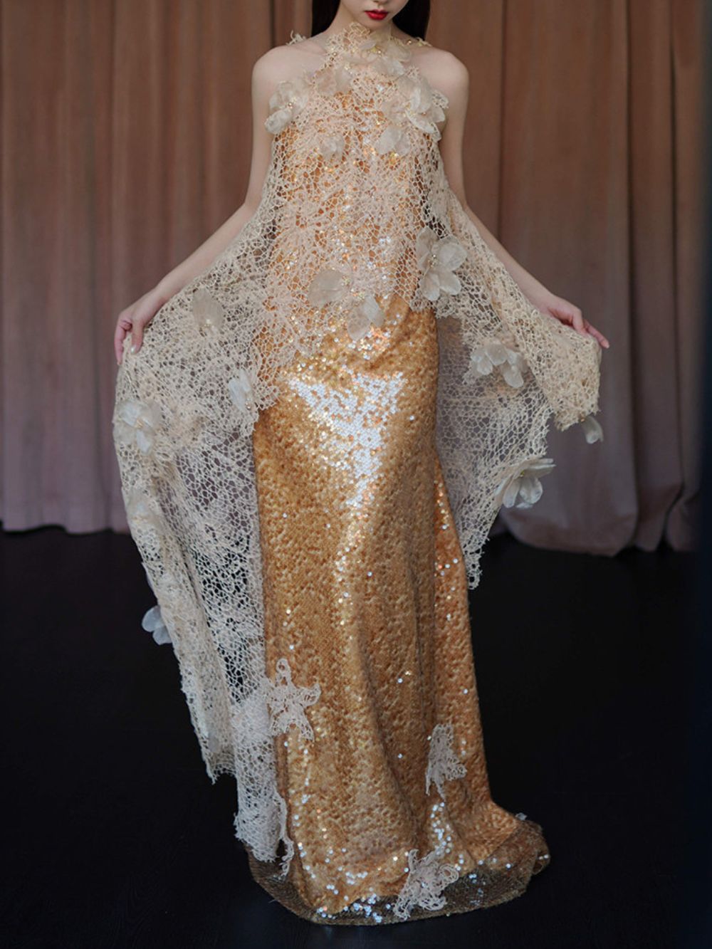 Masen Gold Halter Flower Sequin Maxi Dress - OWNCI