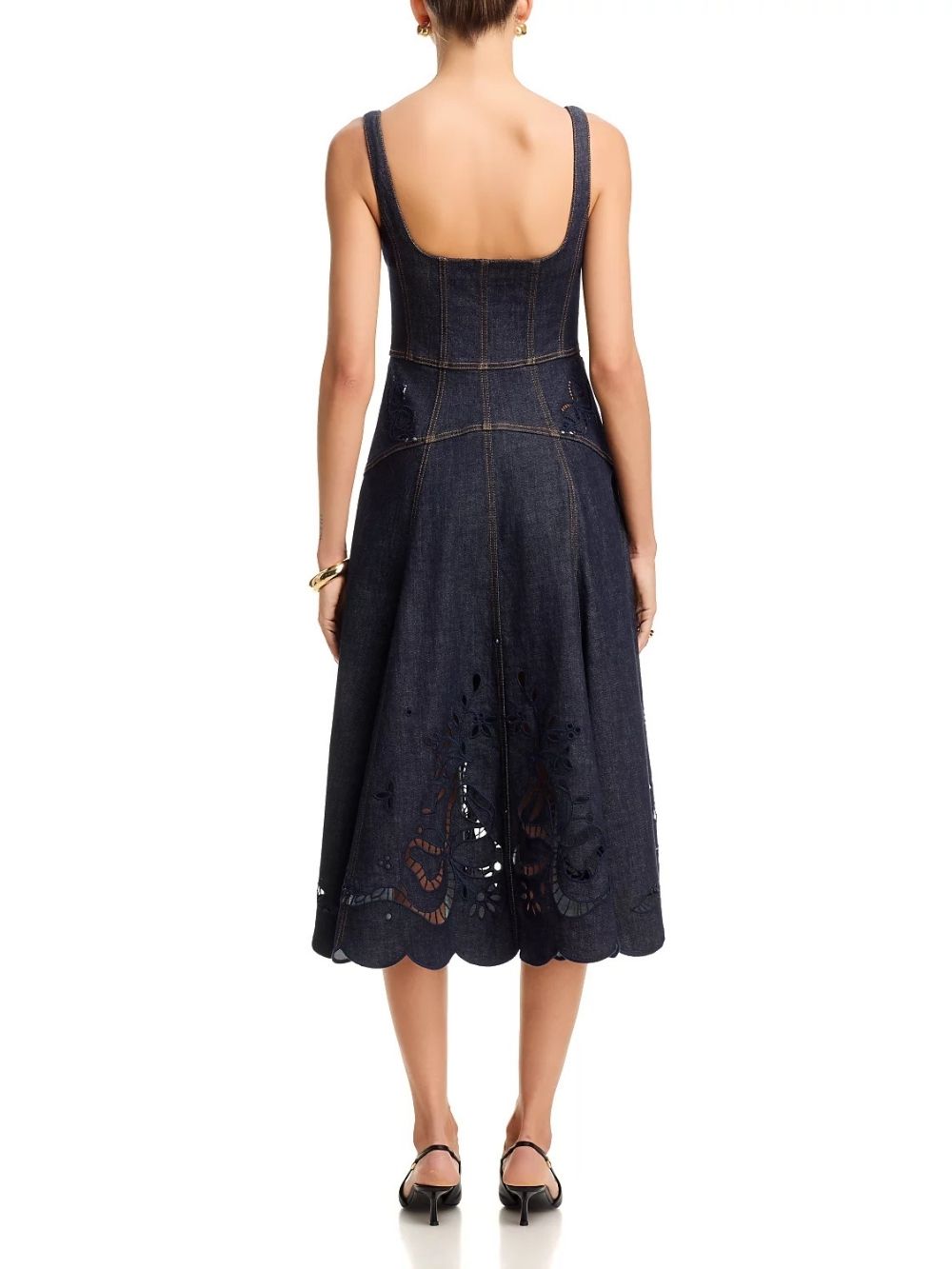 Indigo Denim Bow Embroidered Midi Dress - OWNCI