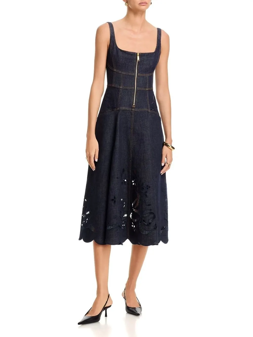 Indigo Denim Bow Embroidered Midi Dress - OWNCI