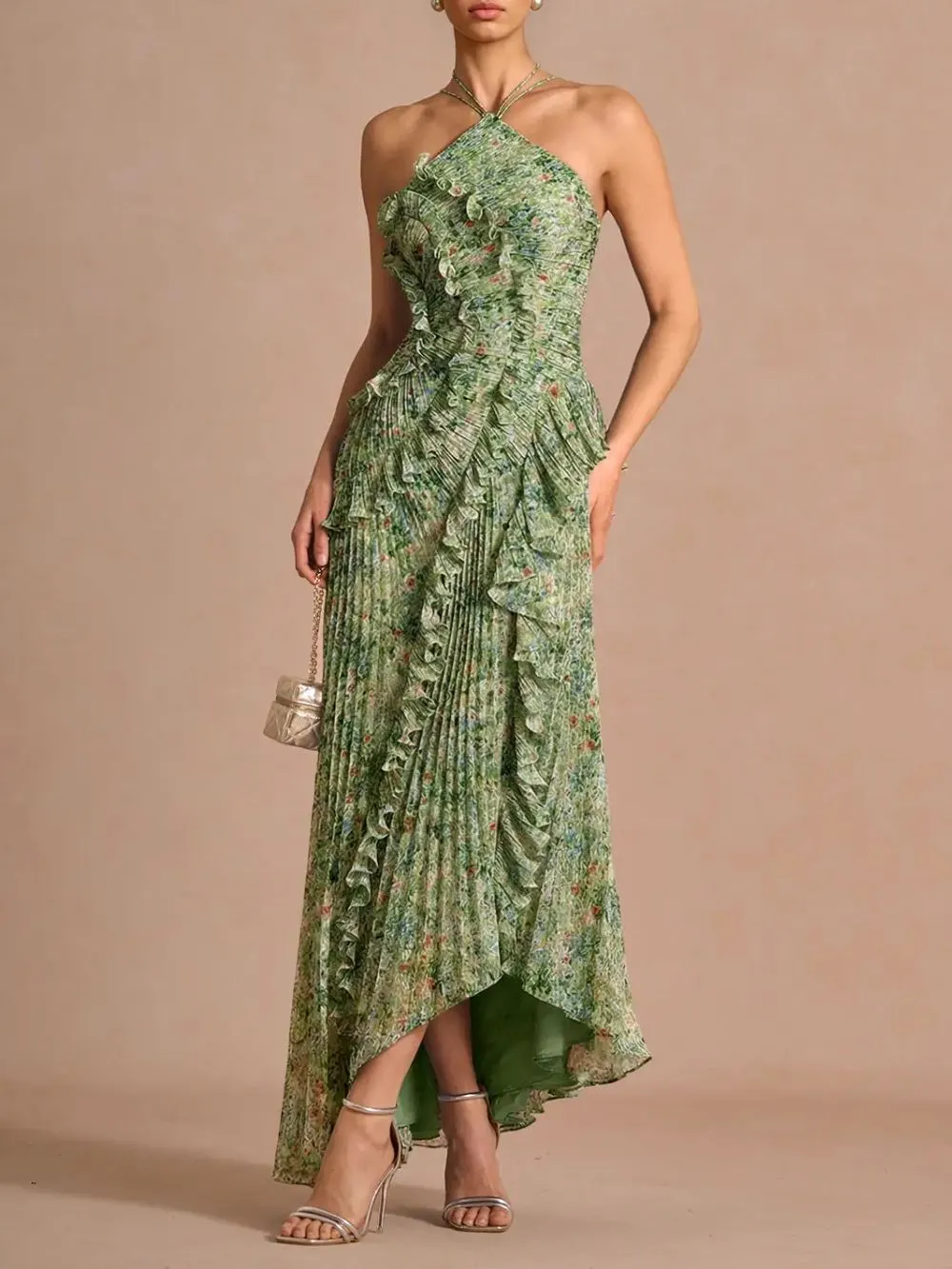 Finneas Green Floral Halter Pleated Maxi Dress - OWNCI