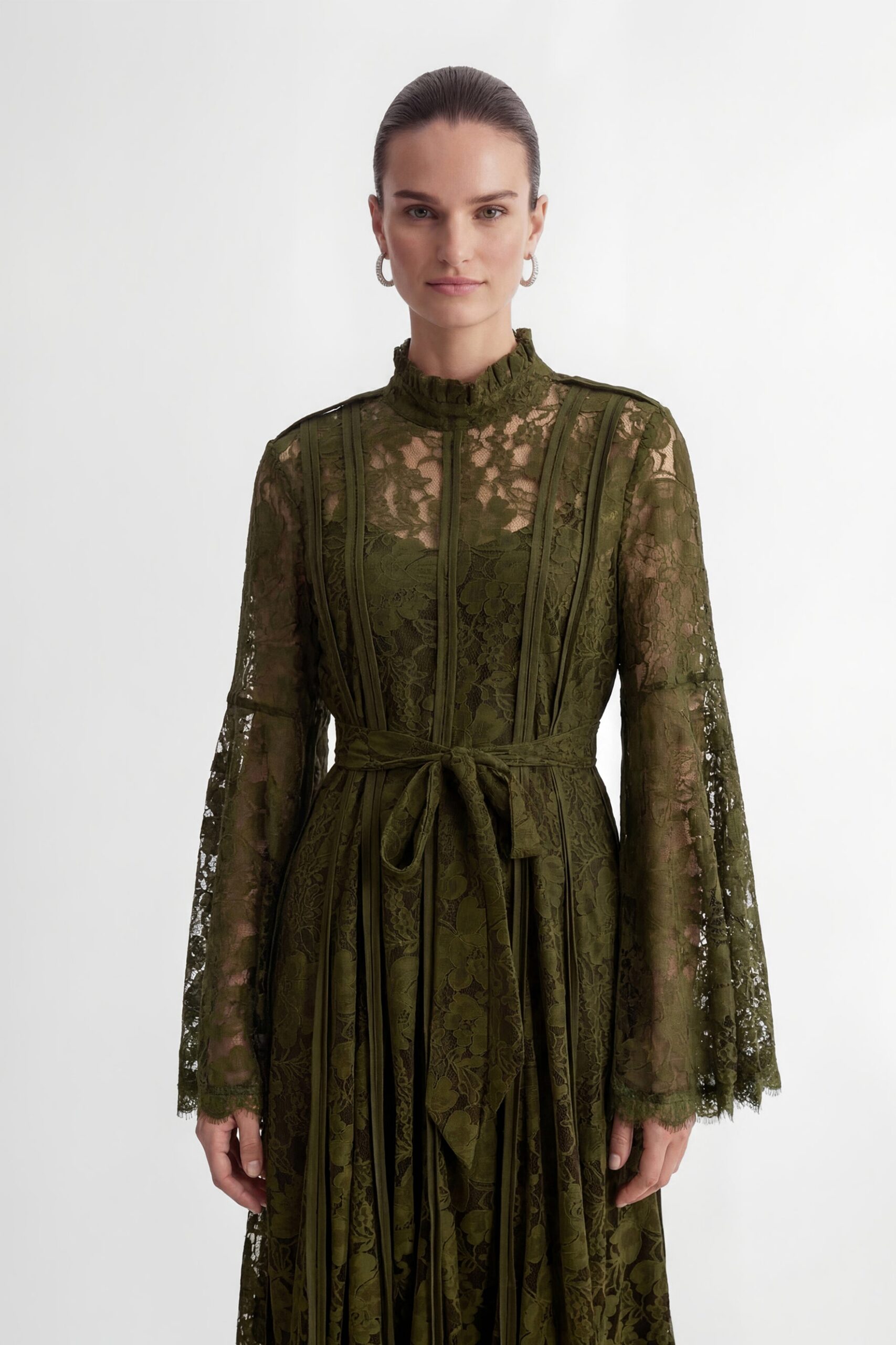 Olive Green Floral Lace High Neck Bell Sleeve Self-Tie Waist Maxi Dress - OWNCI