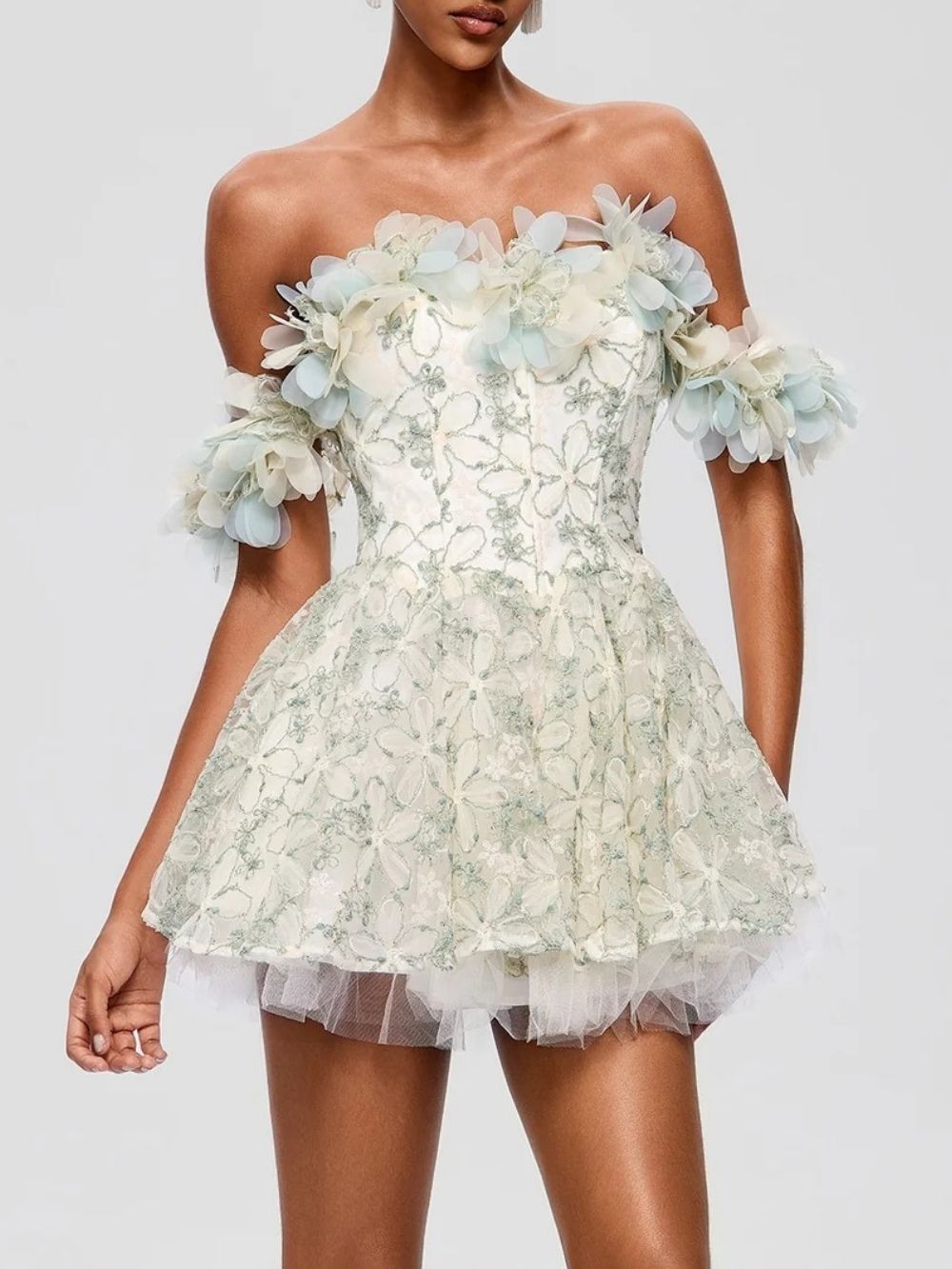 Fredrica Off Shoulder Flower Sequin Mini Dress - OWNCI Fredrica Off Shoulder Flower Sequin Mini Dress - OWNCI