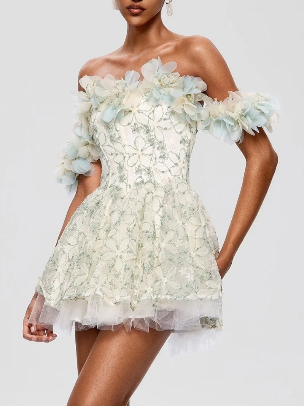 Fredrica Off Shoulder Flower Sequin Mini Dress - OWNCI Fredrica Off Shoulder Flower Sequin Mini Dress - OWNCI