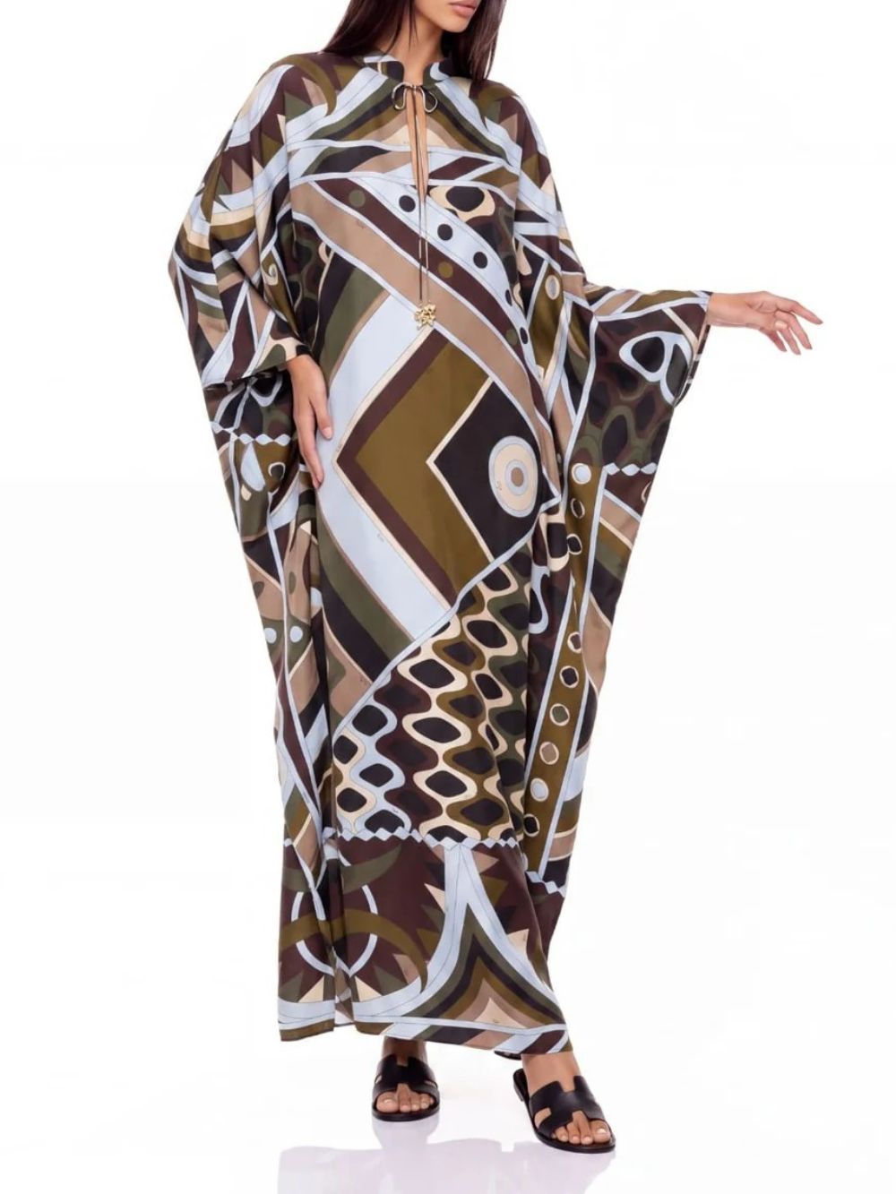 Hylora Cape Sleeve Geo Printed Maxi Dress - OWNCI