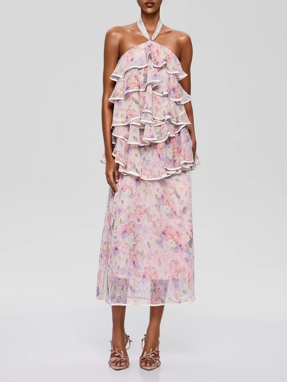 3ea15381df6352f7302356513c39bae0 Bravonel Halterneck Tiered Floral Midi Dress