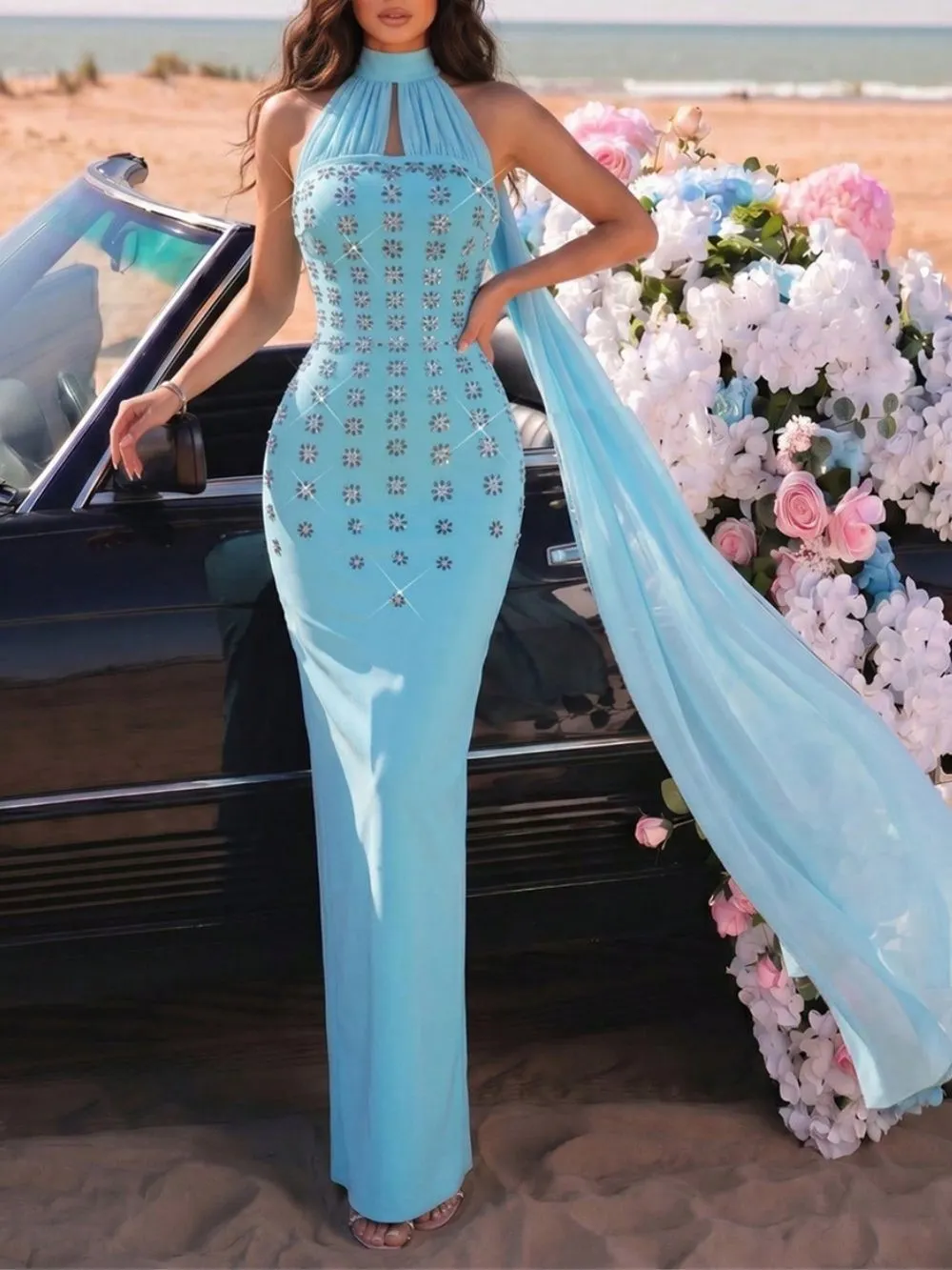 Masood Blue Halter Diamante Bandage Maxi Dress - OWNCI Masood Blue Halter Diamante Bandage Maxi Dress - OWNCI