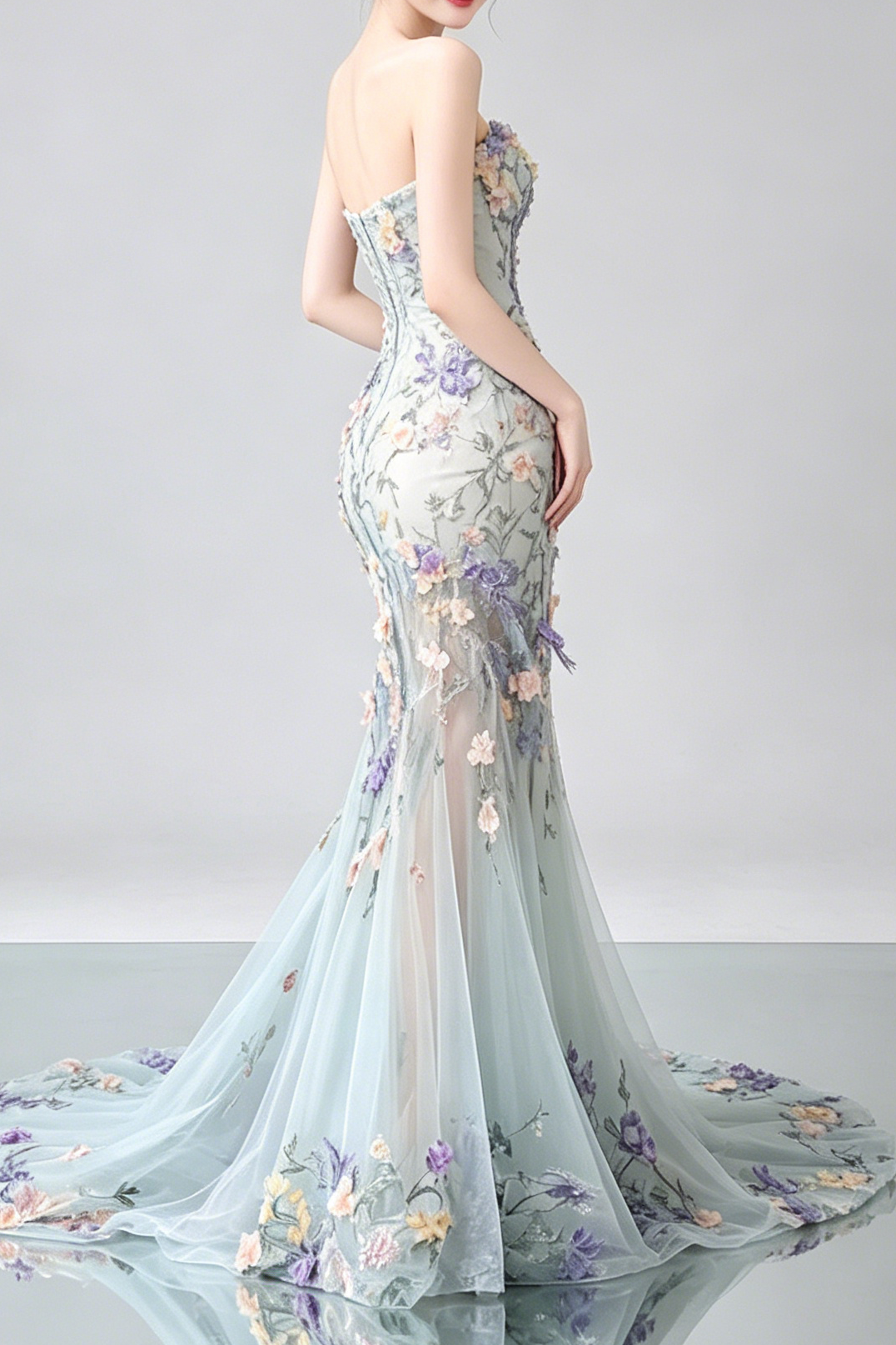 Strapless Pastel 3D Floral Tulle Mermaid Gown With Train - OWNCI Strapless Pastel 3D Floral Tulle Mermaid Gown With Train - OWNCI