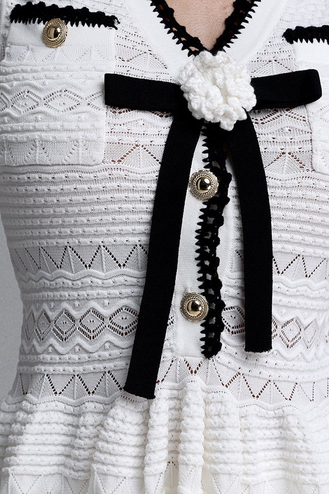 White Hollow Knit V-Neck Bow Peplum Vest Mermaid Skirt Two-Piece Set - OWNCI