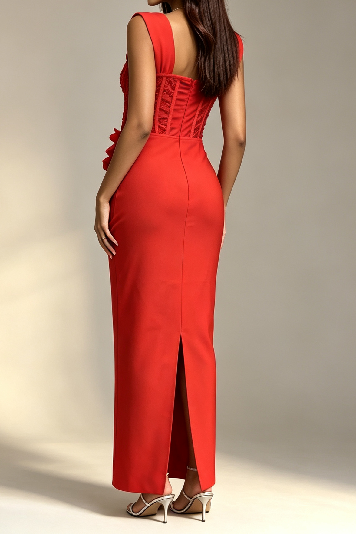 Red Square Neck Sleeveless Corset Beaded 3D Floral Bodycon Mermaid Maxi Dress - OWNCI