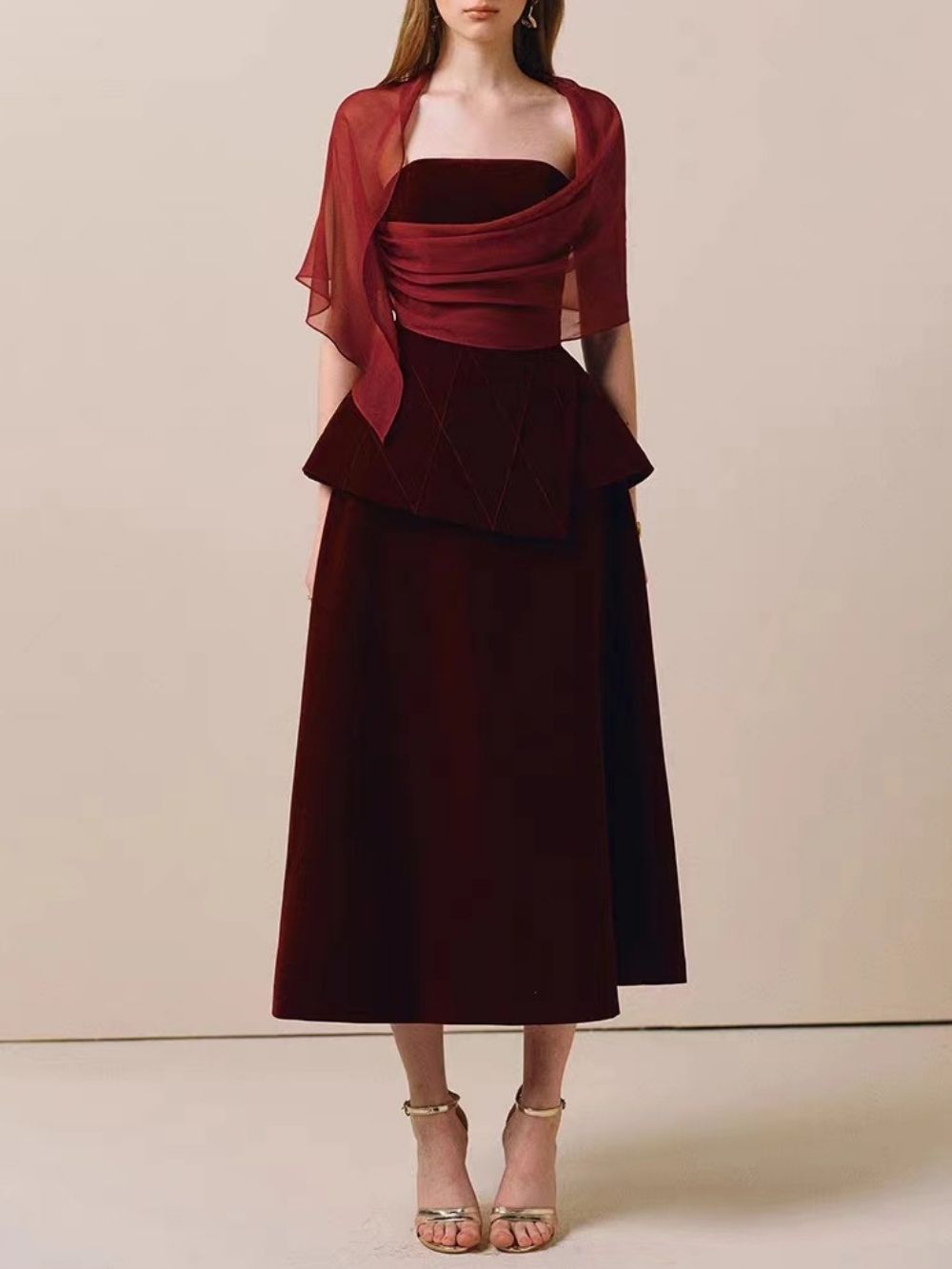 Marcy Red Velvet Midi Dress - OWNCI