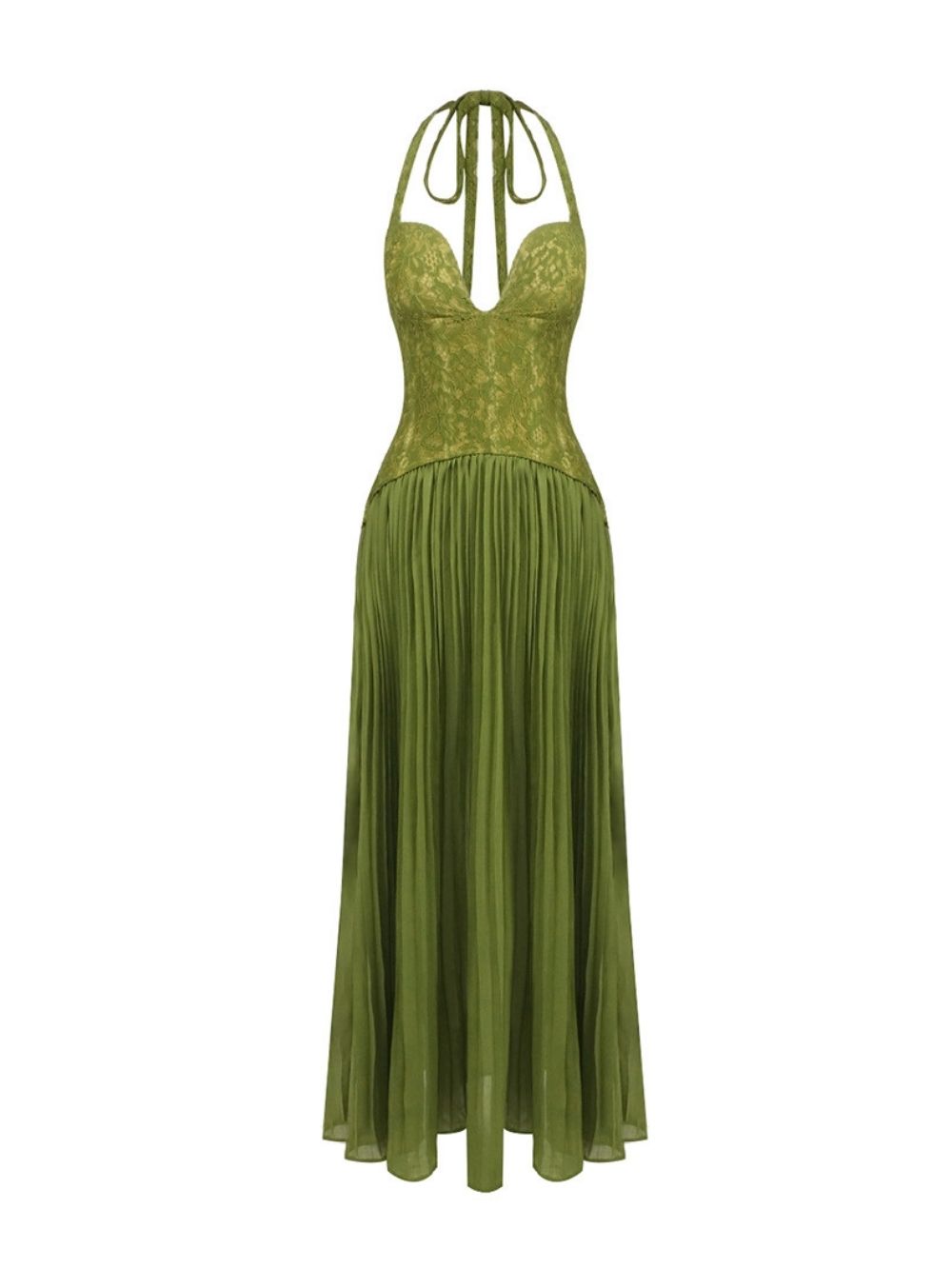 Marsali Green Halter Lace Pleated Maxi Dress - OWNCI Marsali Green Halter Lace Pleated Maxi Dress - OWNCI