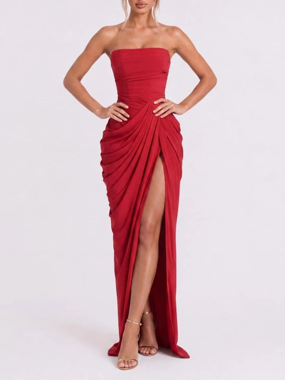 Cirevon Strapless Ruched Split Maxi Dress - OWNCI