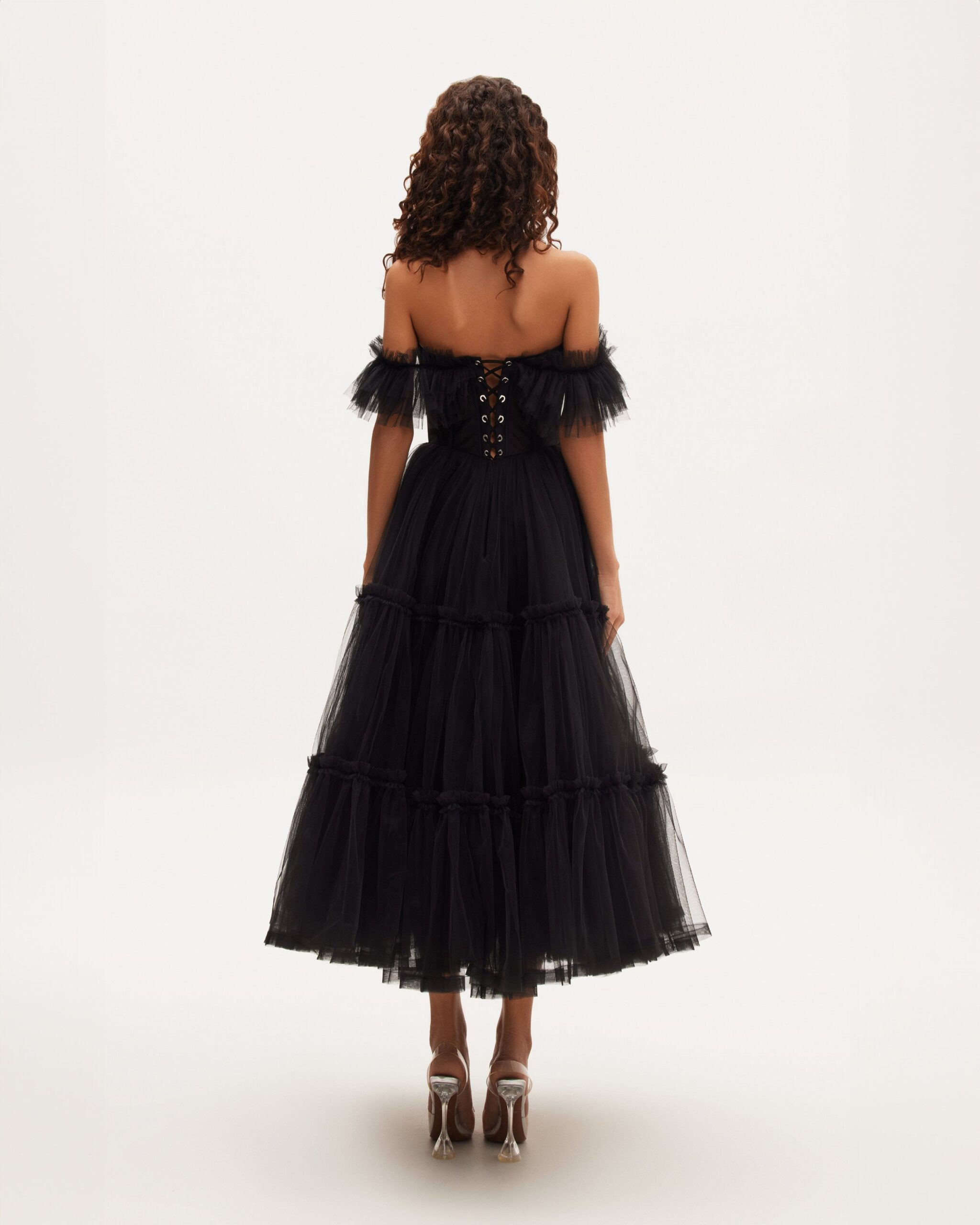 41bbc1e41699c9626ca351ffd10c8042 Black Ruffled Tulle Midi Dress