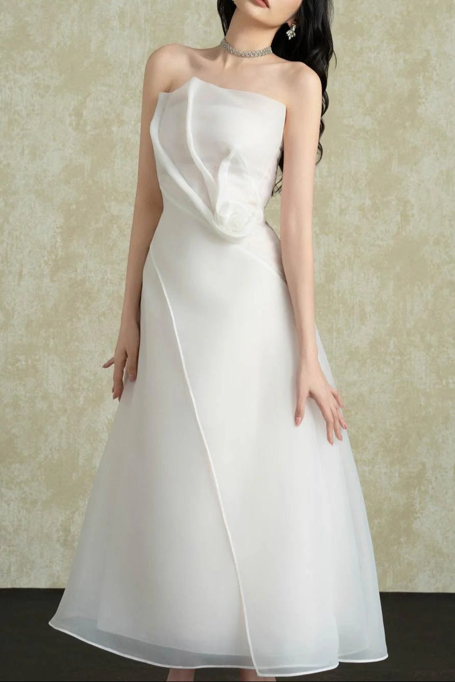 421182d02c62877a6d27b6fead167168 Strapless Layered Organza Midi Dress In White