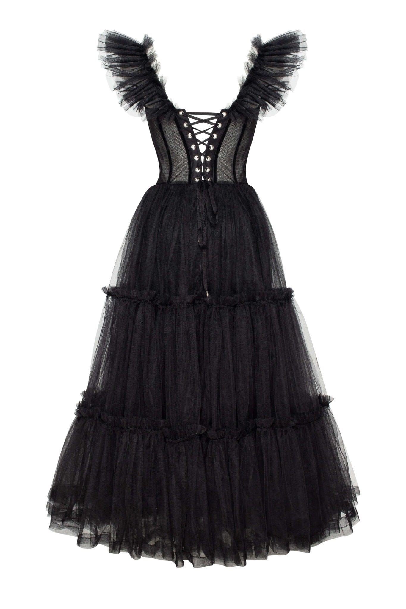 425461163974b366a95c91c60c01260e Black Ruffled Tulle Midi Dress