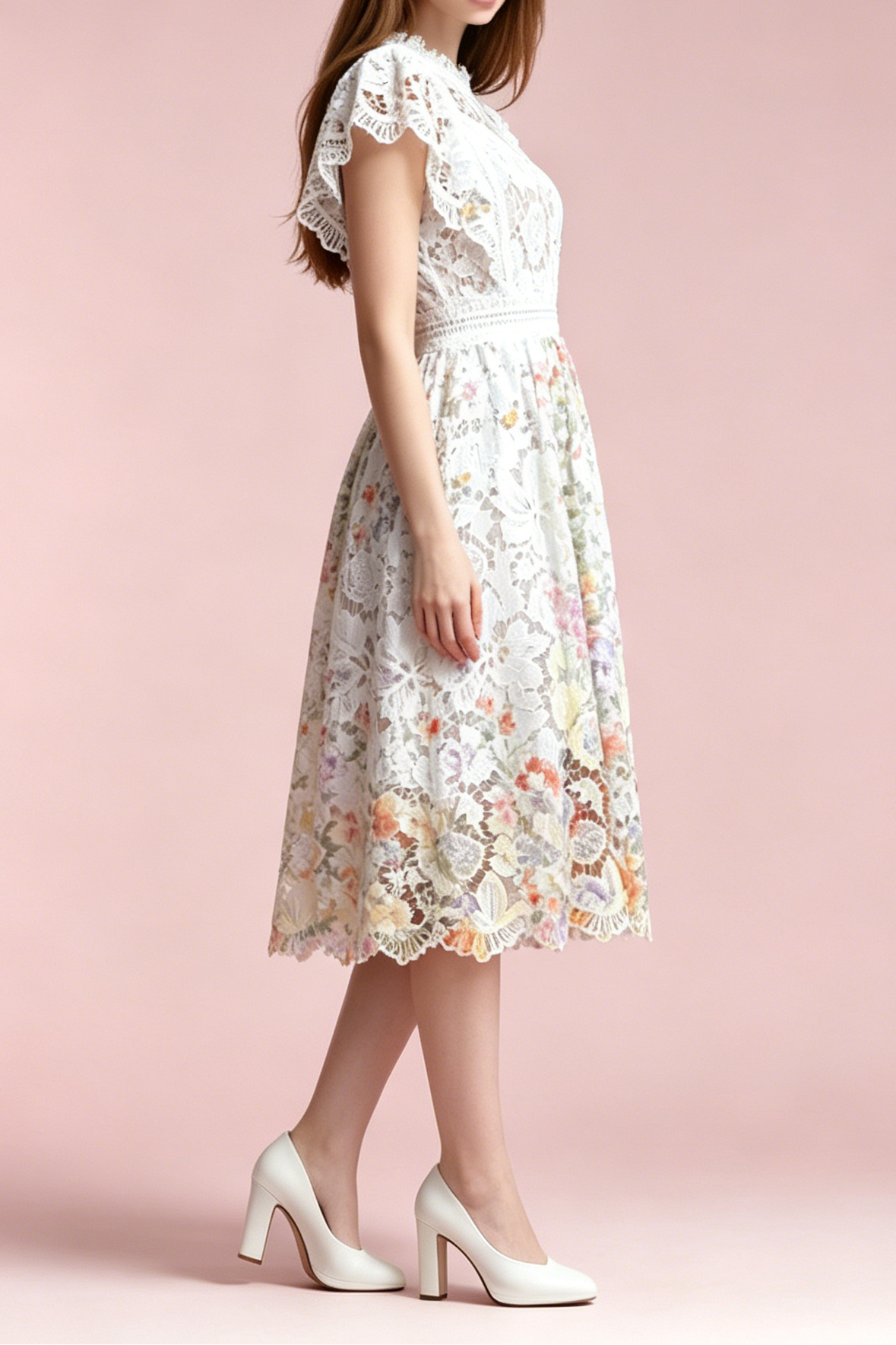 White Hollow Floral Lace Cap Sleeve Colorful Floral Lined A-Line Midi Dress - OWNCI White Hollow Floral Lace Cap Sleeve Colorful Floral Lined A-Line Midi Dress - OWNCI