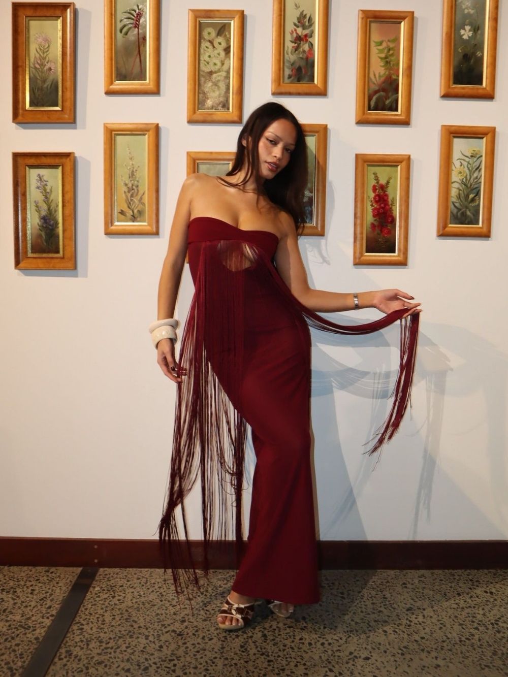 Maritta Wine Strapless Tassel Maxi Dress - OWNCI