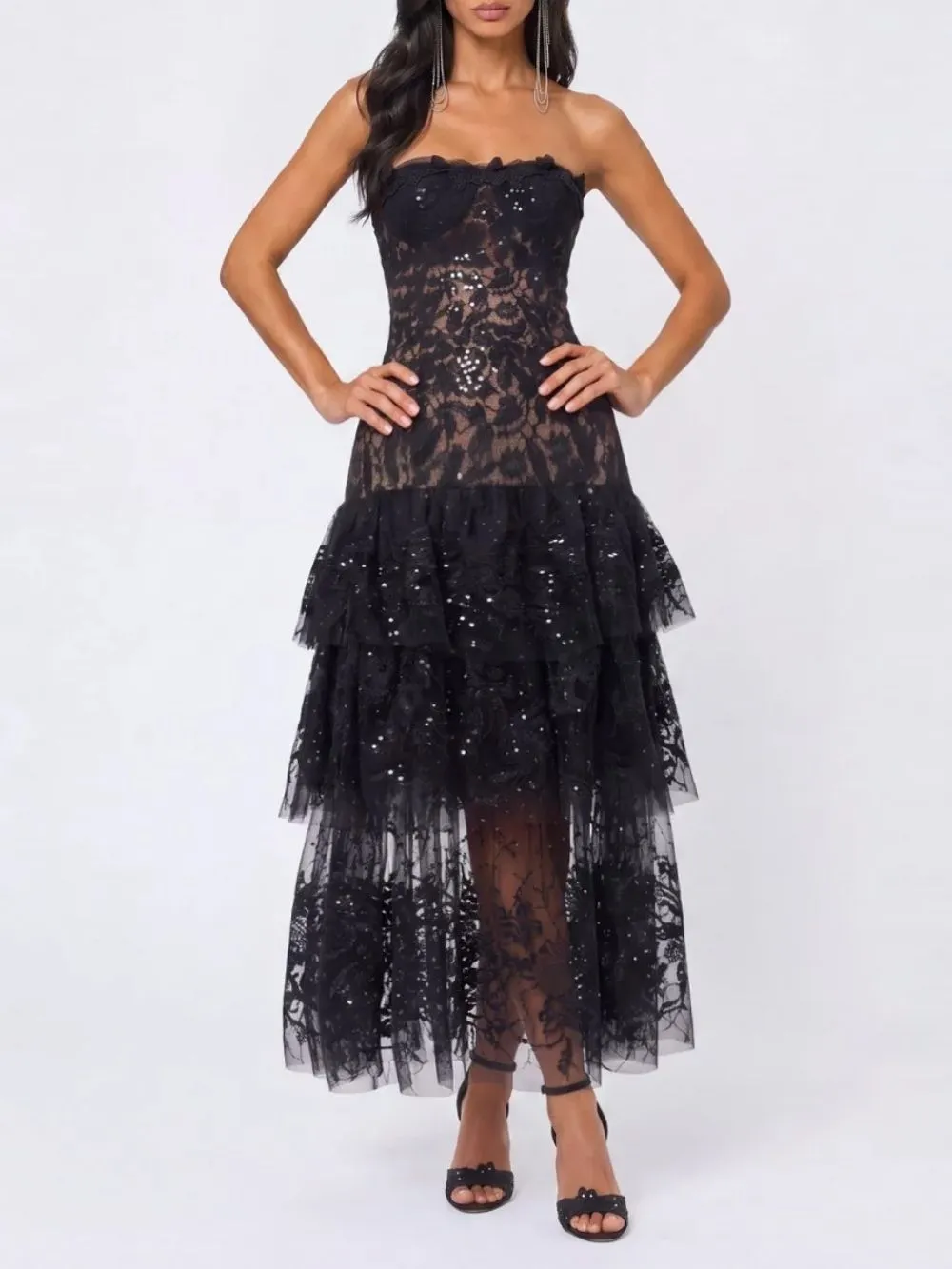 Brinovar Strapless Lace Tiered Maxi Dress - OWNCI