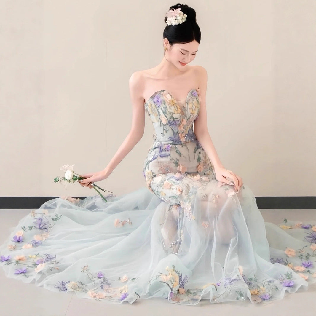 Strapless Pastel 3D Floral Tulle Mermaid Gown With Train - OWNCI Strapless Pastel 3D Floral Tulle Mermaid Gown With Train - OWNCI