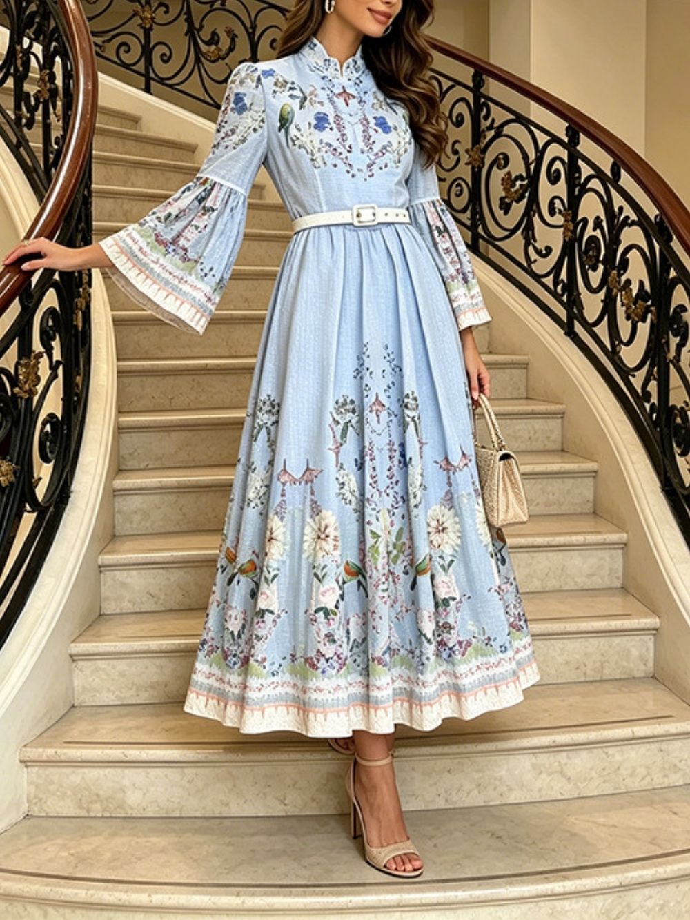 Marleigh Blue Long Sleeve Printed Midi Dress - OWNCI
