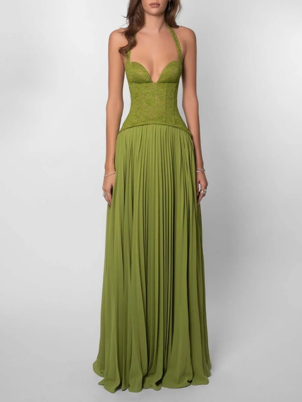 Marsali Green Halter Lace Pleated Maxi Dress - OWNCI Marsali Green Halter Lace Pleated Maxi Dress - OWNCI