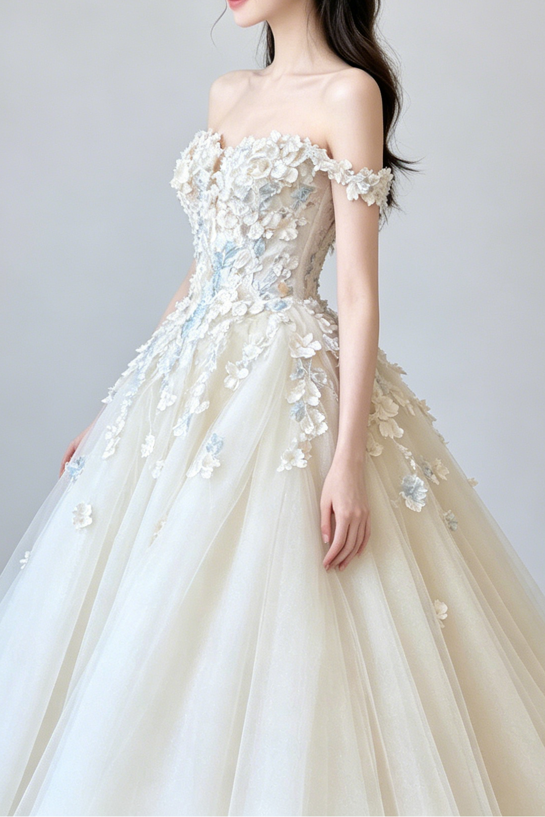 Off Shoulder 3D Floral Tulle Ball Gown Wedding Dress - OWNCI Off Shoulder 3D Floral Tulle Ball Gown Wedding Dress - OWNCI