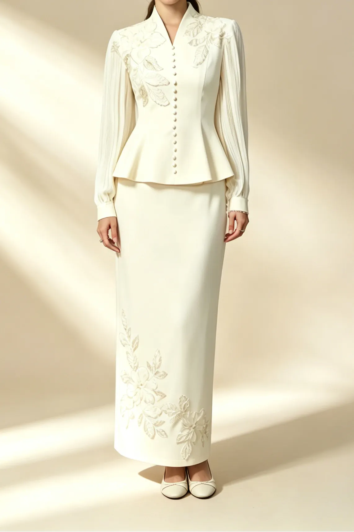 Cream Beaded Floral Embellished Peplum Top & Midi Pencil Skirt Two-Piece Suit - OWNCI
