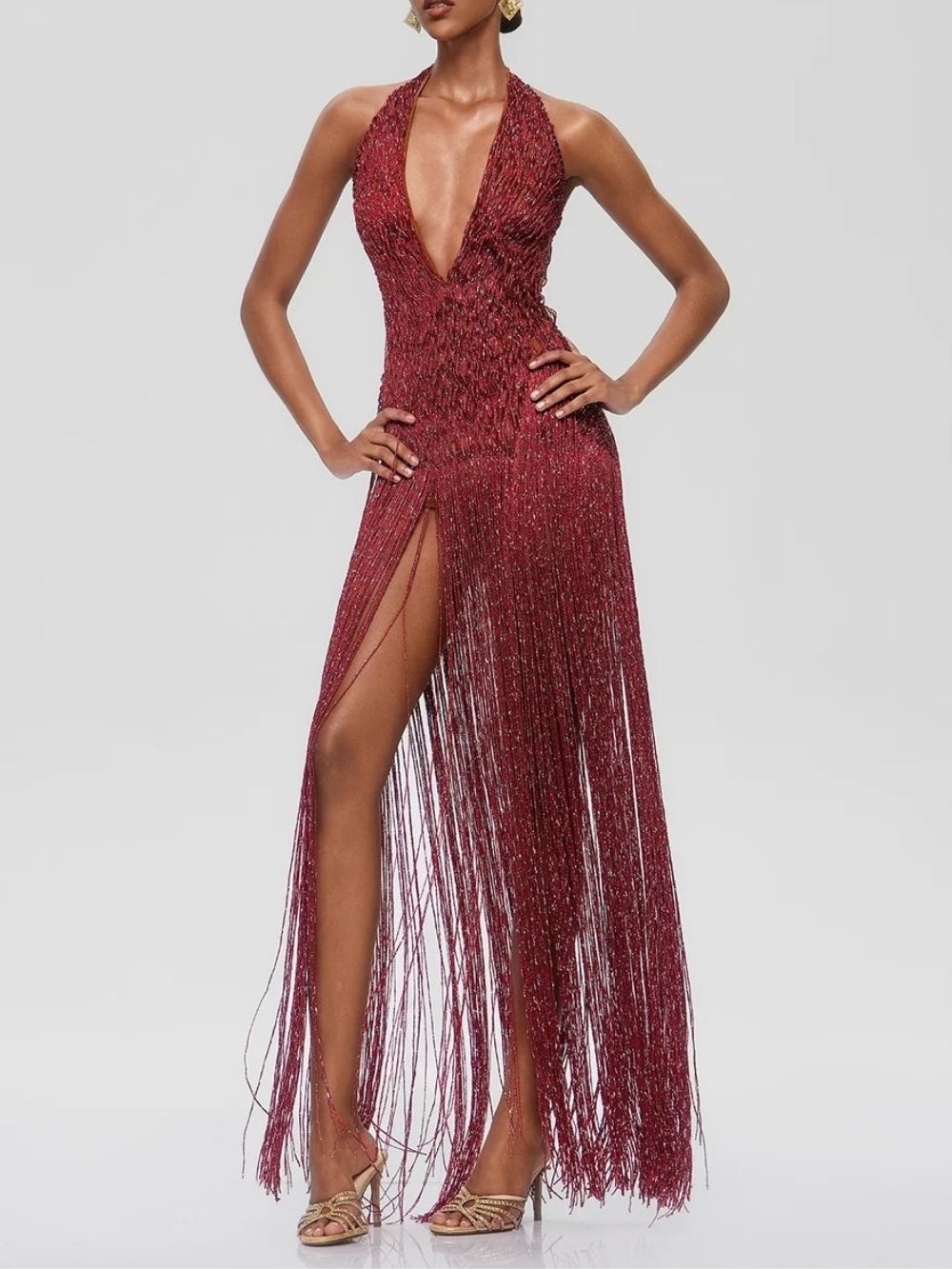 Grixel Plunge Neck Fringe Maxi Dress - OWNCI