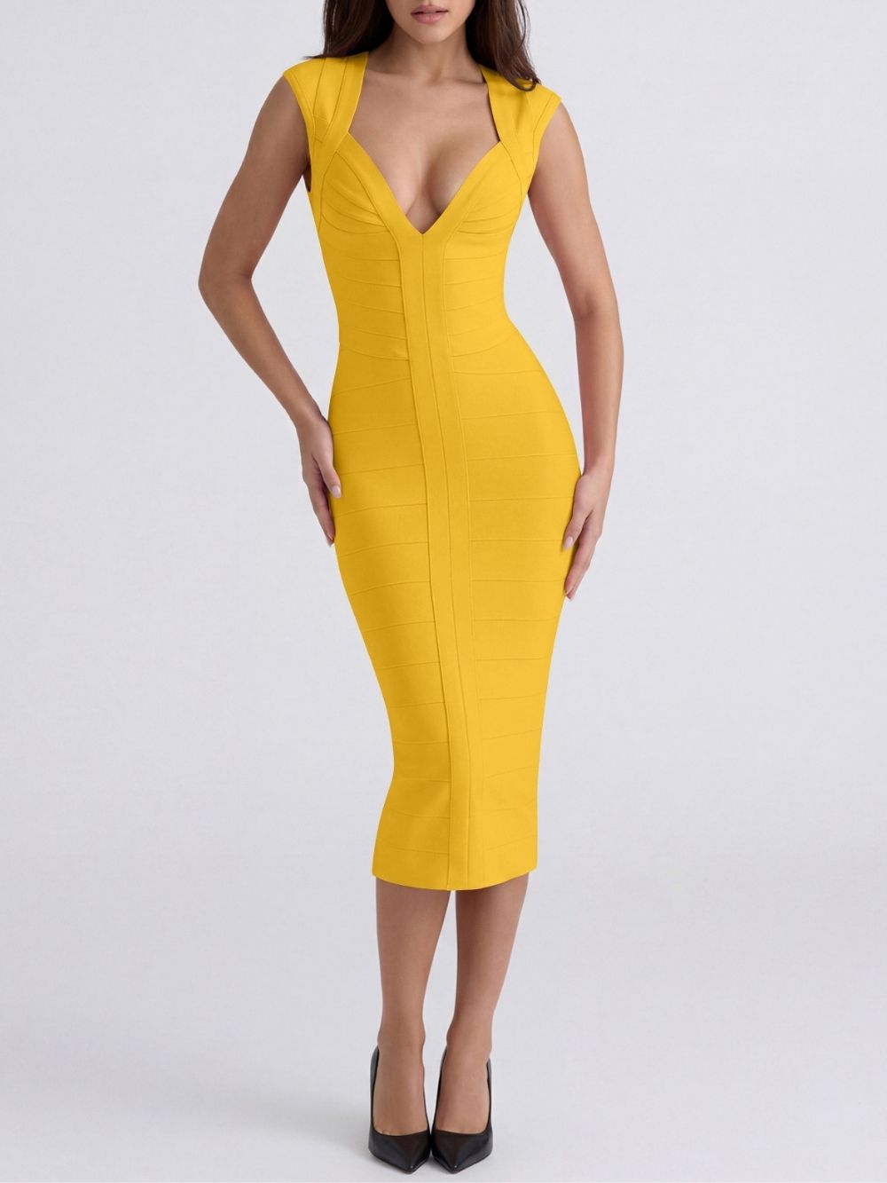 Marixa Yellow V-Neck Bandage Midi Dress - OWNCI Marixa Yellow V-Neck Bandage Midi Dress - OWNCI