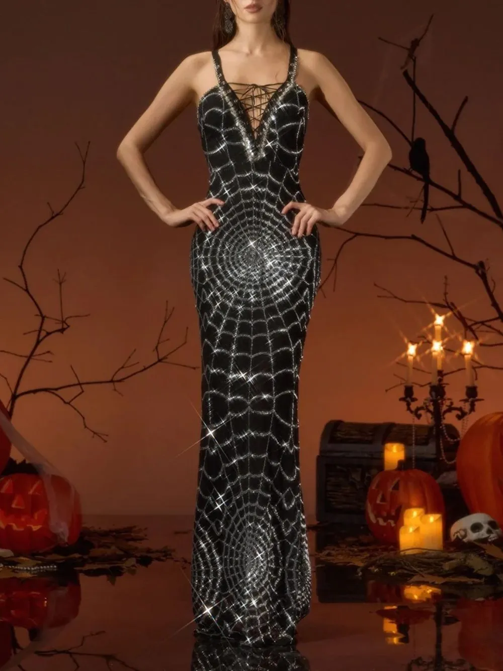 Uverna V Neck Cobweb Sequin Maxi Dress - OWNCI Uverna V Neck Cobweb Sequin Maxi Dress - OWNCI