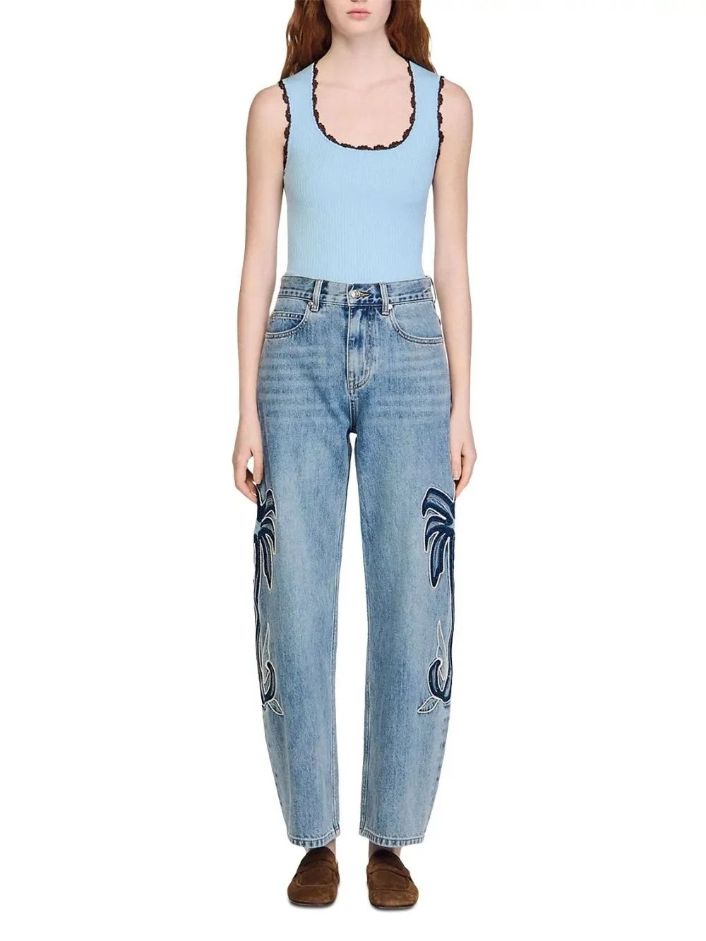 Palm Embroidered Wide Leg Barrel Jeans in Blue Jean - OWNCI Palm Embroidered Wide Leg Barrel Jeans in Blue Jean - OWNCI