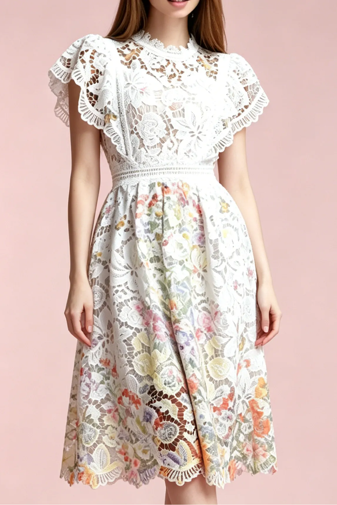 White Hollow Floral Lace Cap Sleeve Colorful Floral Lined A-Line Midi Dress - OWNCI