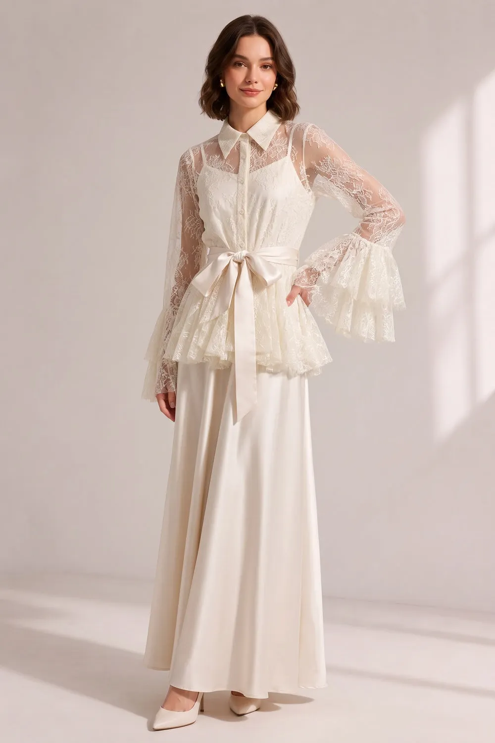 Cream Lace Flare Sleeve Shirt Top Satin Cami Sash Belt Wide Leg Maxi Pants Three-Piece Set - OWNCI Cream Lace Flare Sleeve Shirt Top Satin Cami Sash Belt Wide Leg Maxi Pants Three-Piece Set - OWNCI