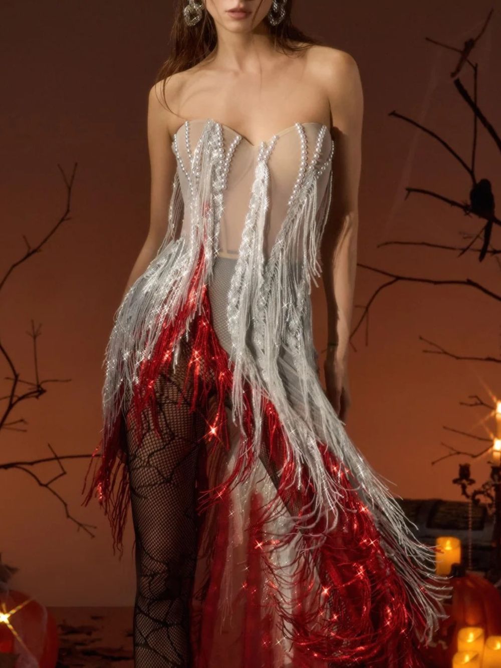 Ginerva Strapless Pearl Sequin Fringe Dress - OWNCI