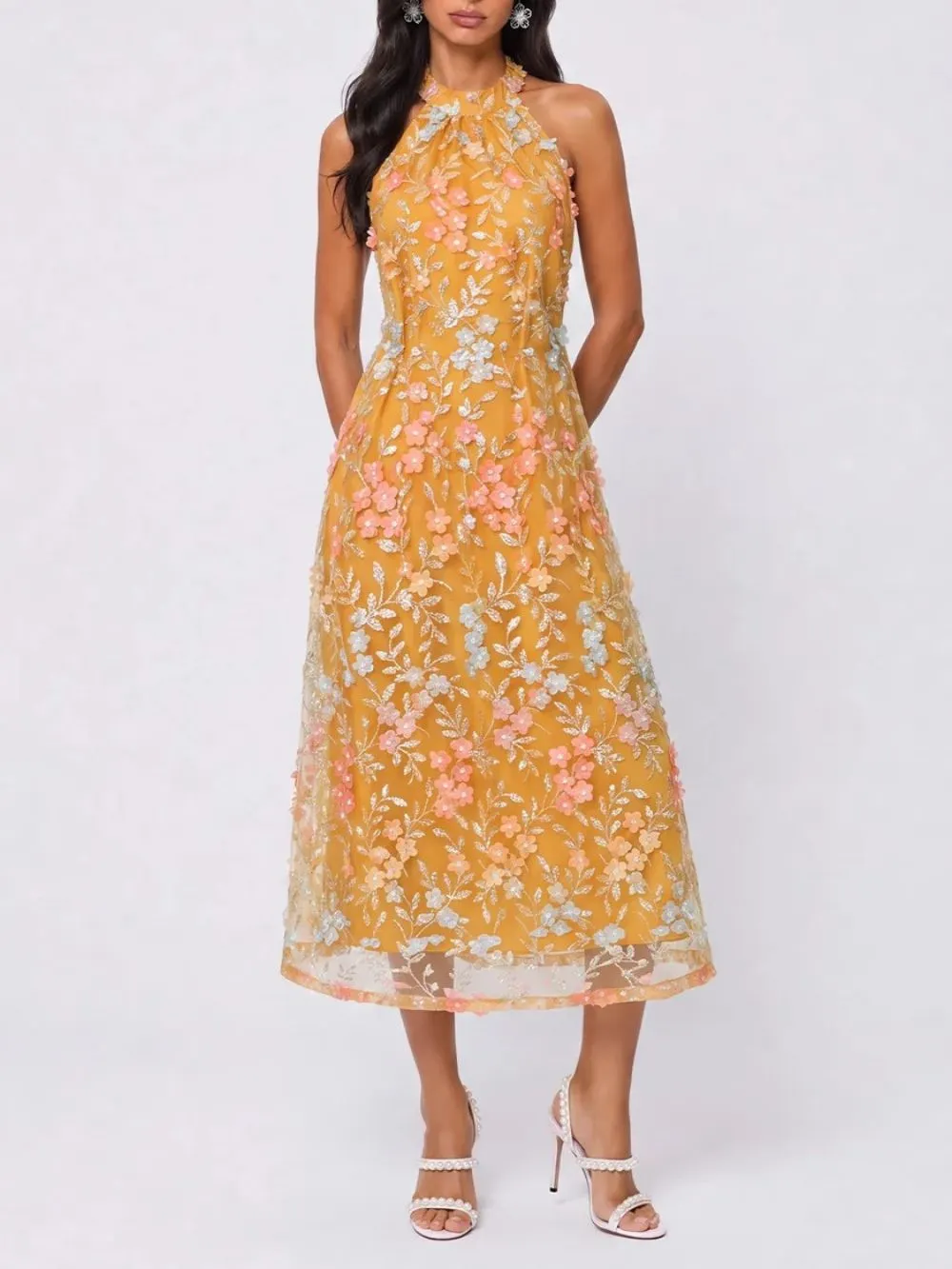 Phaelor Halterneck Flower Sequin Midi Dress - OWNCI Phaelor Halterneck Flower Sequin Midi Dress - OWNCI
