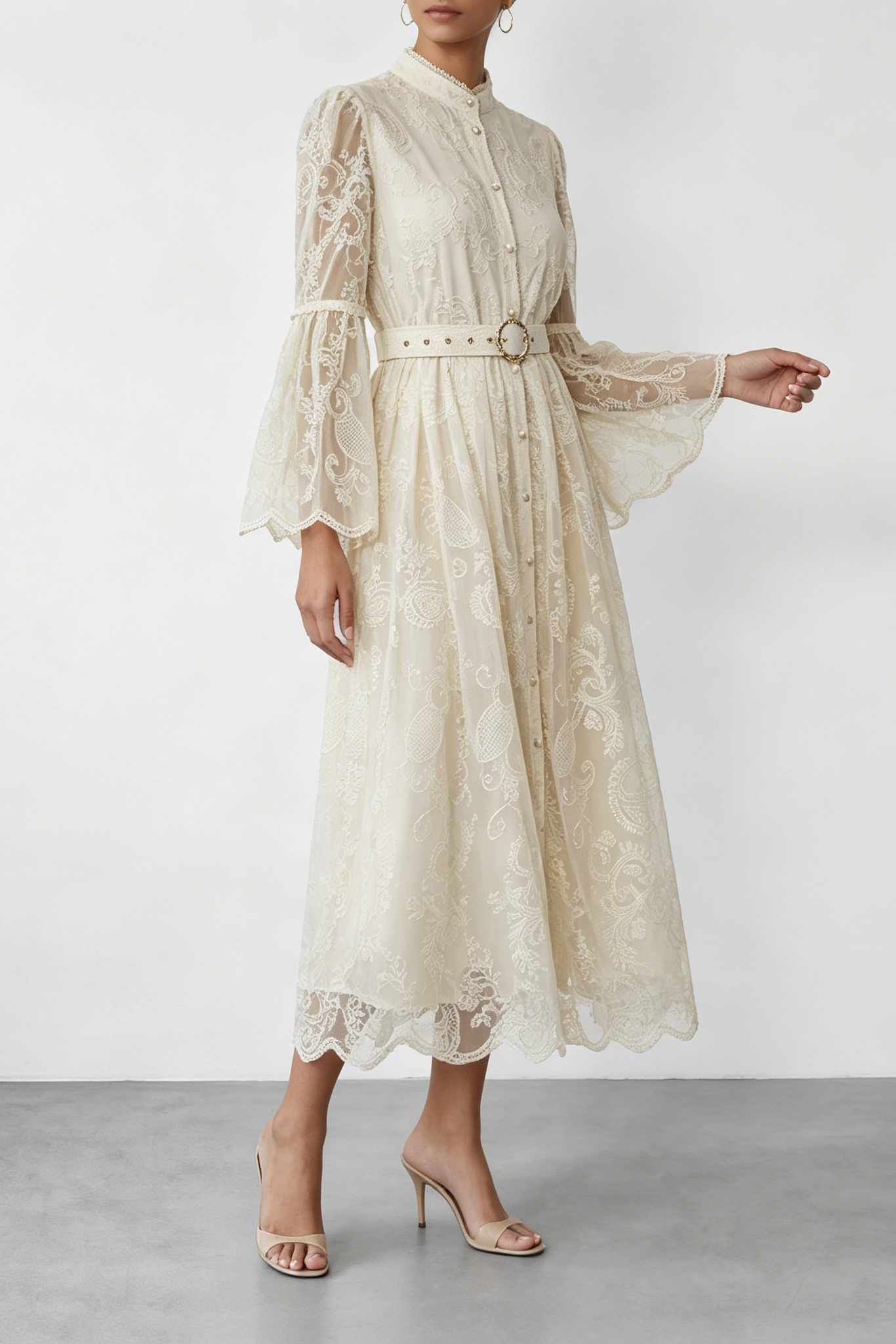 Cream Embroidery Lace Stand Collar Bell Sleeve Belted Midi Shirt Dress - OWNCI Cream Embroidery Lace Stand Collar Bell Sleeve Belted Midi Shirt Dress - OWNCI