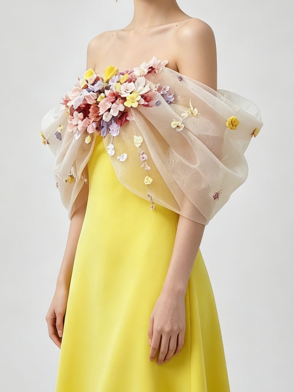 Bright Yellow Satin Strapless Maxi Gown With 3D Colorful Floral Tulle Bust - OWNCI