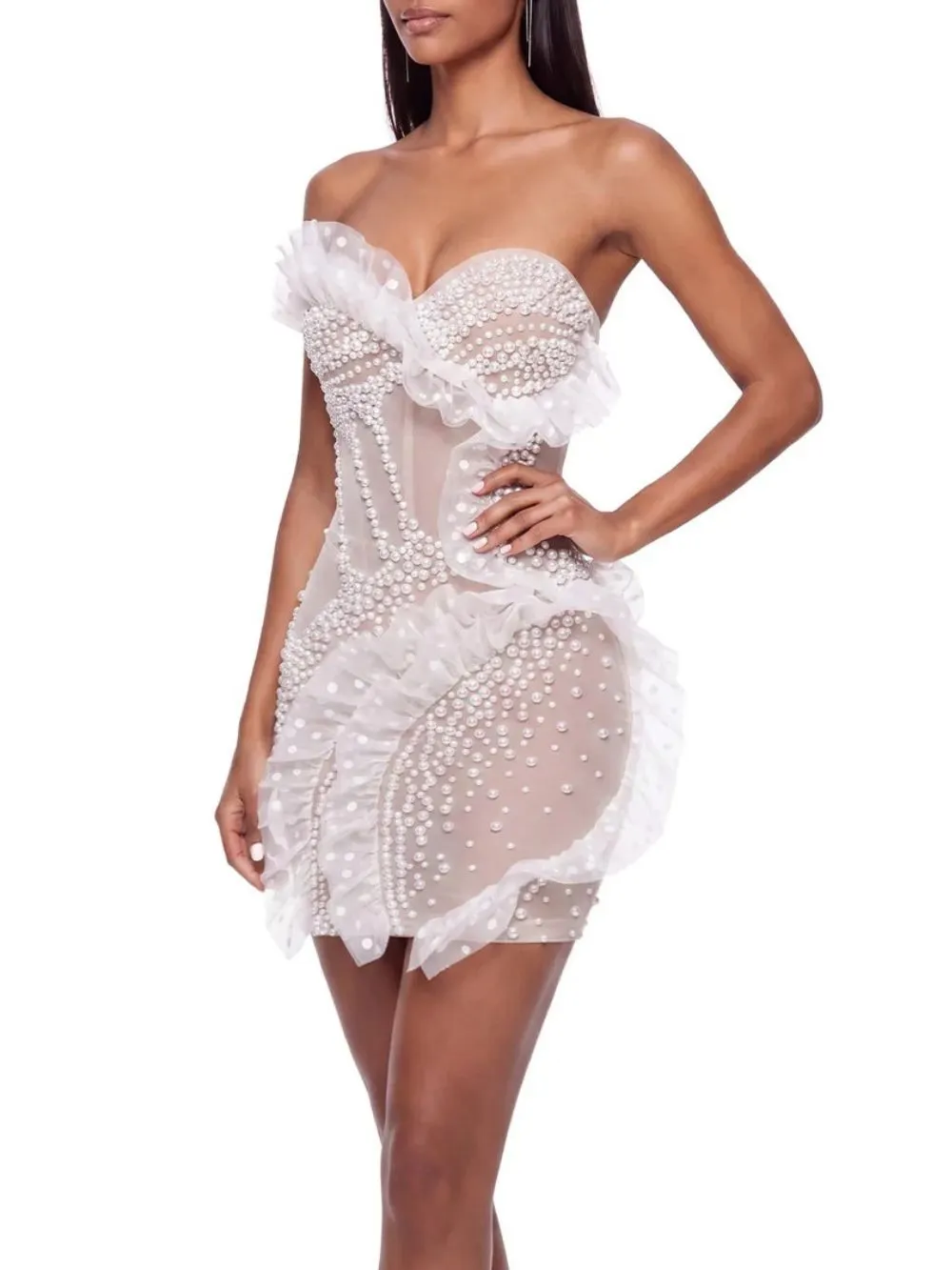 Tyrelune Strapless Pearl Mesh Mini Dress - OWNCI Tyrelune Strapless Pearl Mesh Mini Dress - OWNCI