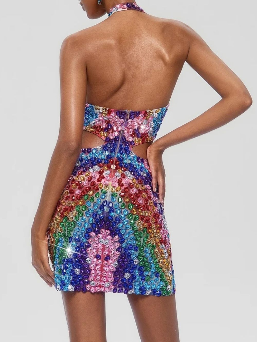 Arqelis Plunge Neck Crystal Cutout Mini Dress - OWNCI