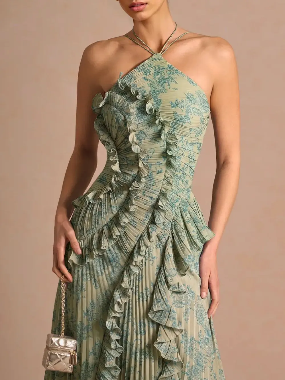 Finneas Platinum Teal Halter Pleated Maxi Dress - OWNCI