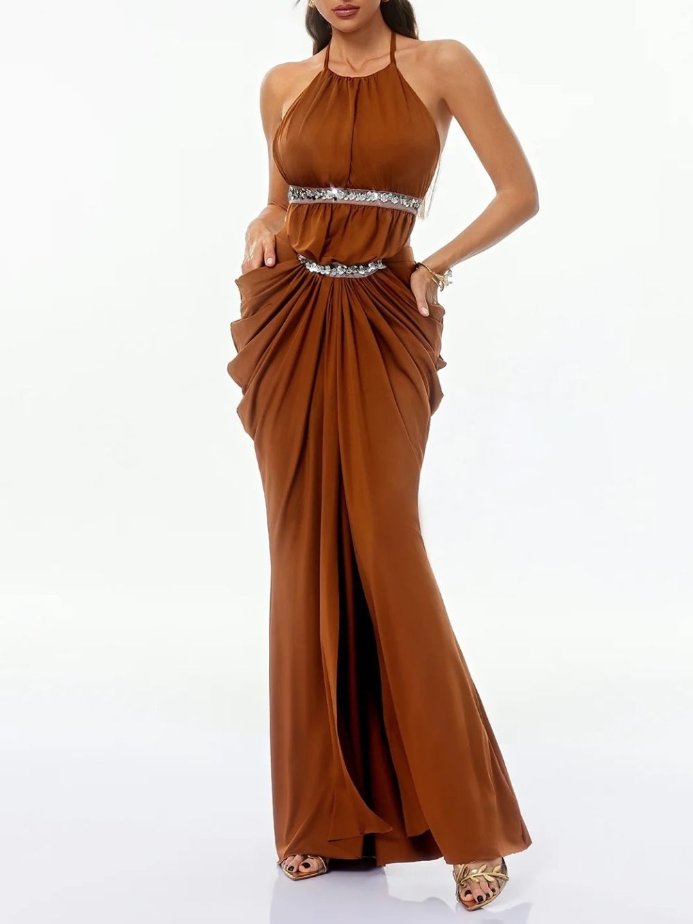 Haxorin Halterneck Sequin Ruched Maxi Dress - OWNCI Haxorin Halterneck Sequin Ruched Maxi Dress - OWNCI