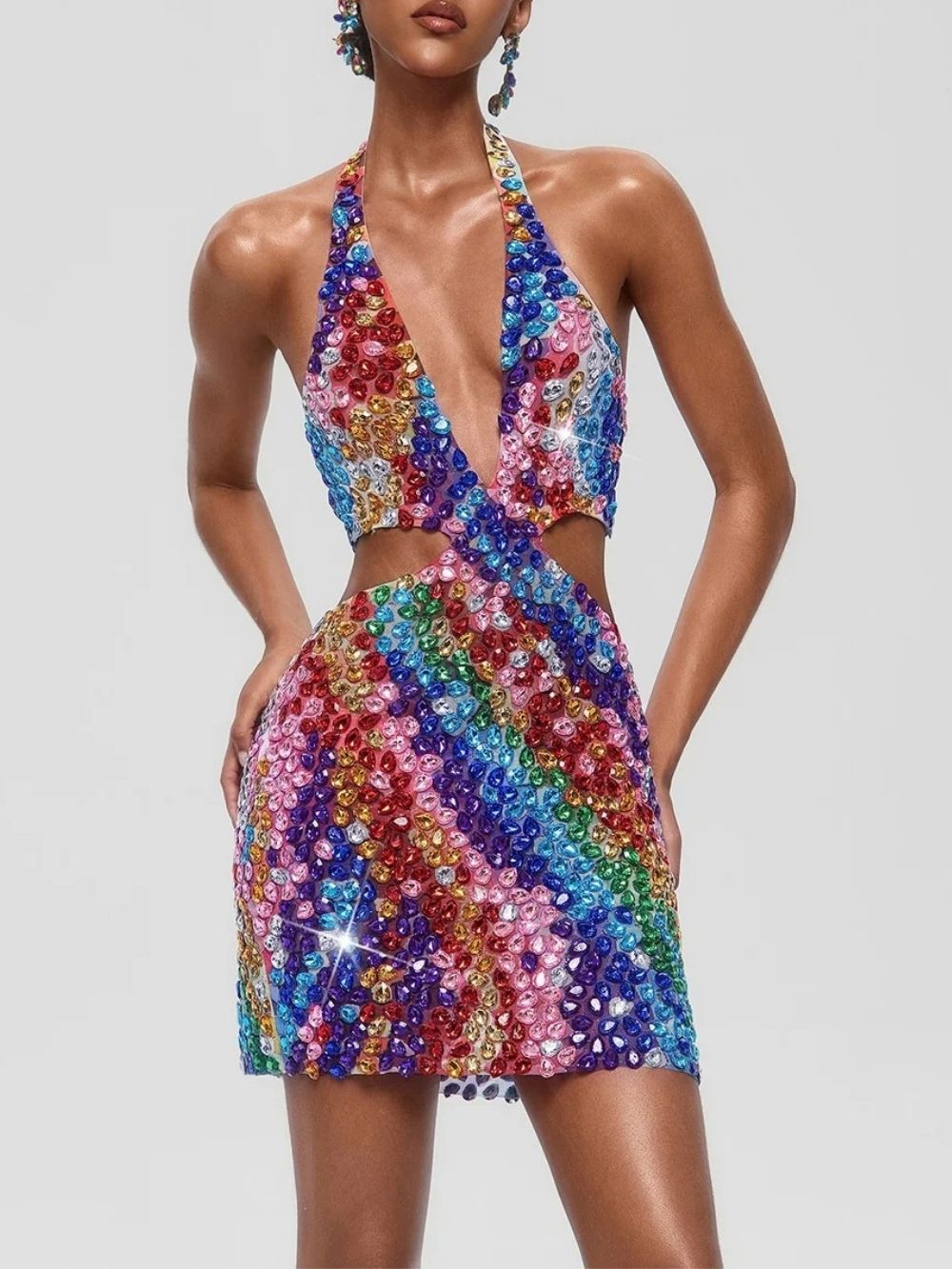Arqelis Plunge Neck Crystal Cutout Mini Dress - OWNCI Arqelis Plunge Neck Crystal Cutout Mini Dress - OWNCI