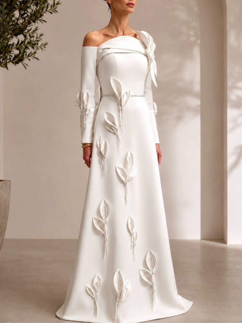 4d980db355d740997fc24ce789a4e723 Mandell White Off-Shoulder Flower Long Sleeve Maxi Dress