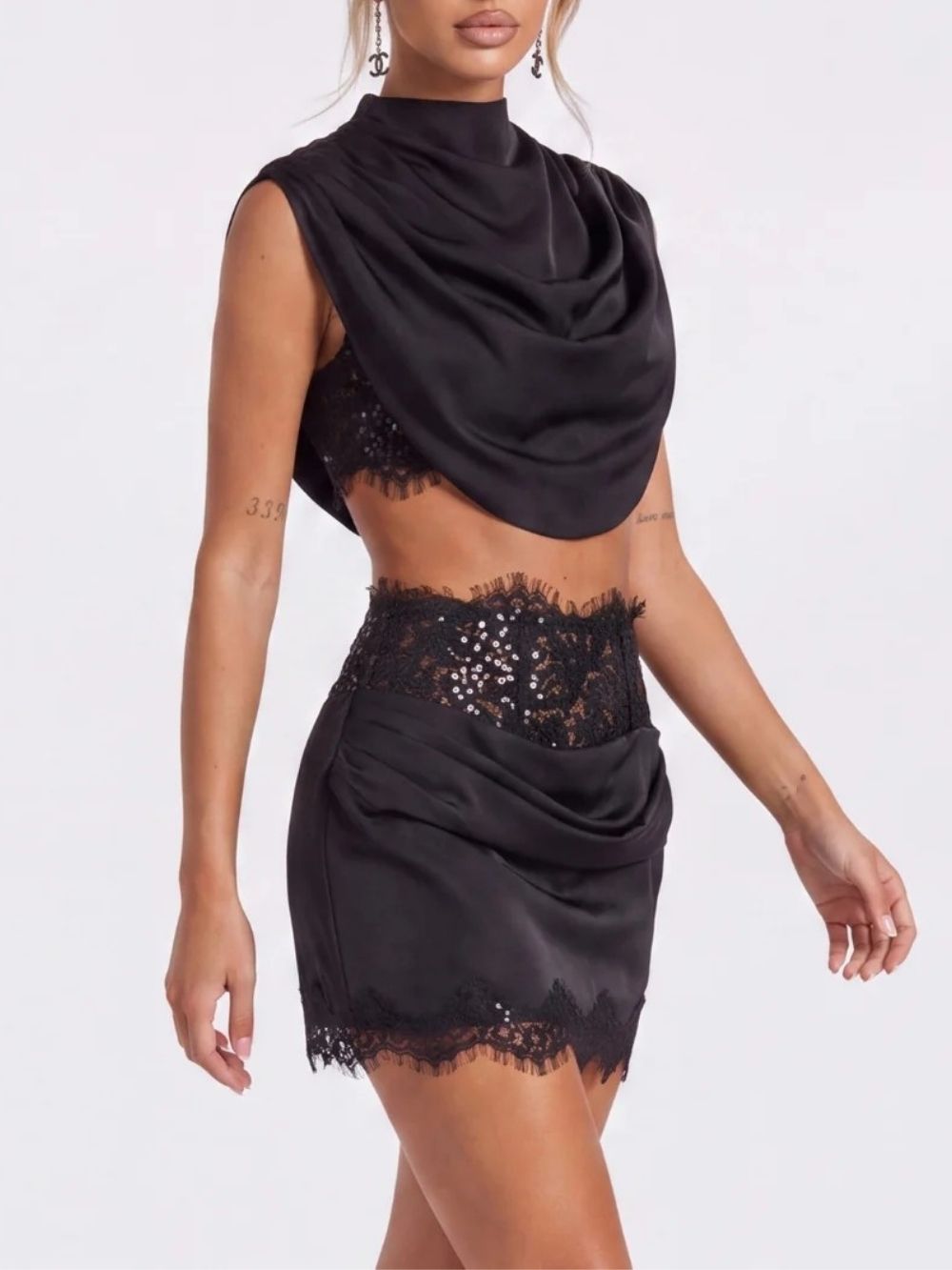 Helixor Cape Sleeve Satin Lace Skirt Set - OWNCI Helixor Cape Sleeve Satin Lace Skirt Set - OWNCI