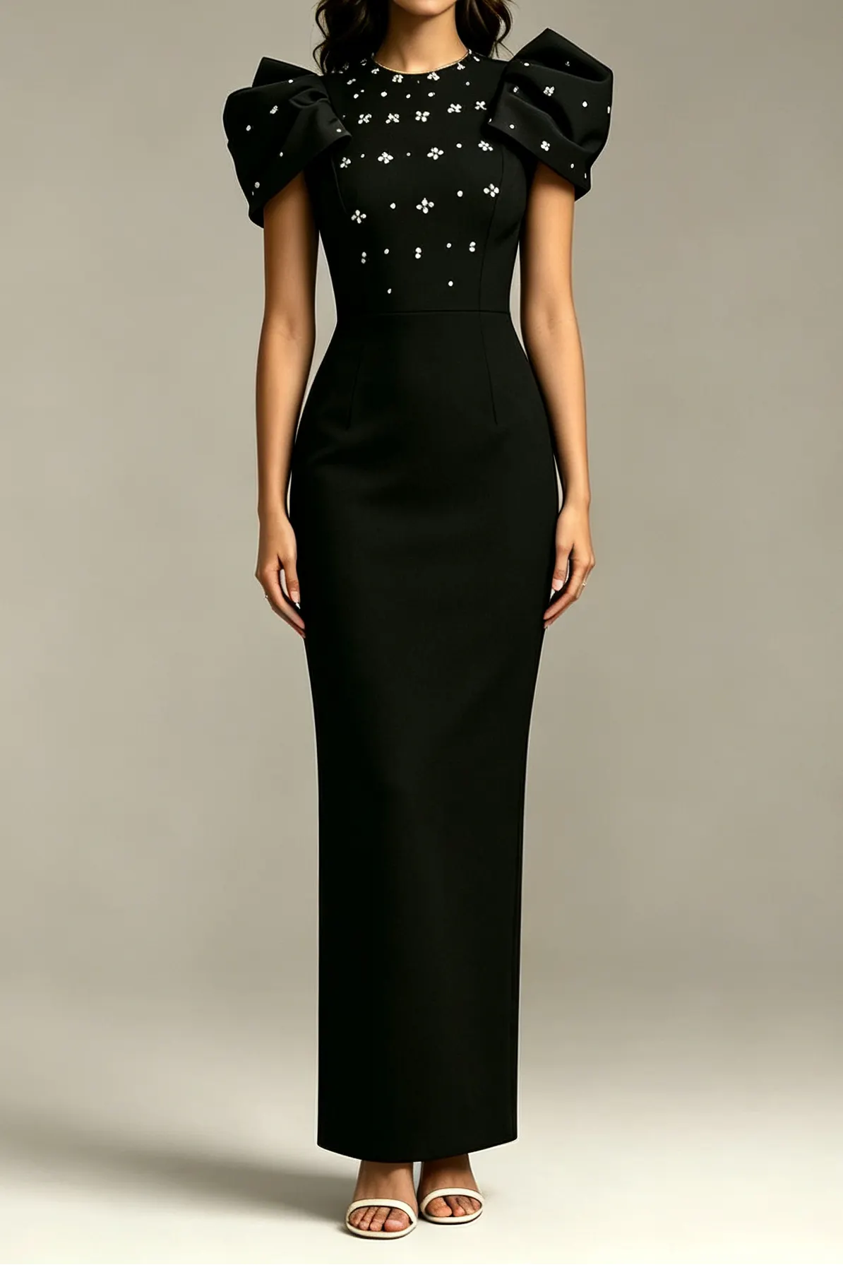 Black Stand Collar Statement Puff Shoulder Floral Rhinestone Fitted Midi Formal Dress - OWNCI Black Stand Collar Statement Puff Shoulder Floral Rhinestone Fitted Midi Formal Dress - OWNCI