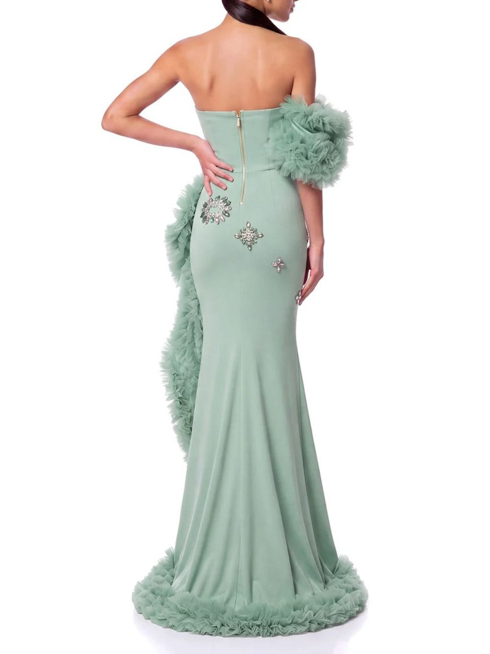 Zynaris One Shoulder Crystal Tulle Maxi Dress - OWNCI