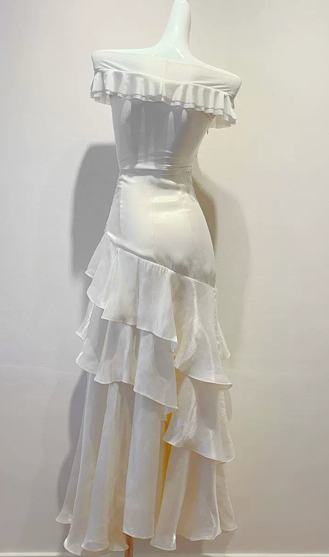 Off Shoulder Twist Ruched Tiered Ruffle Satin Maxi Dress - OWNCI Off Shoulder Twist Ruched Tiered Ruffle Satin Maxi Dress - OWNCI