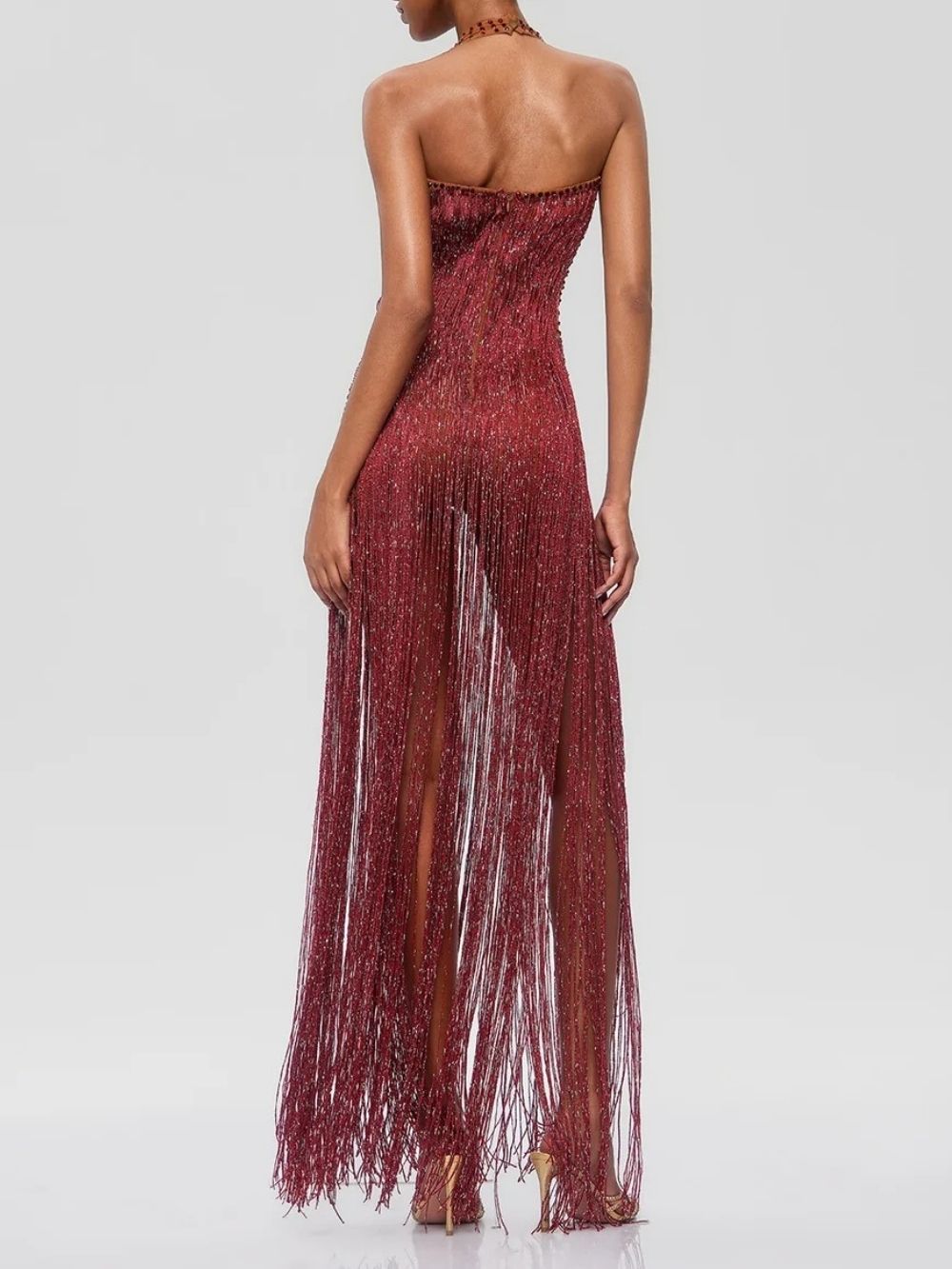 Grixel Plunge Neck Fringe Maxi Dress - OWNCI